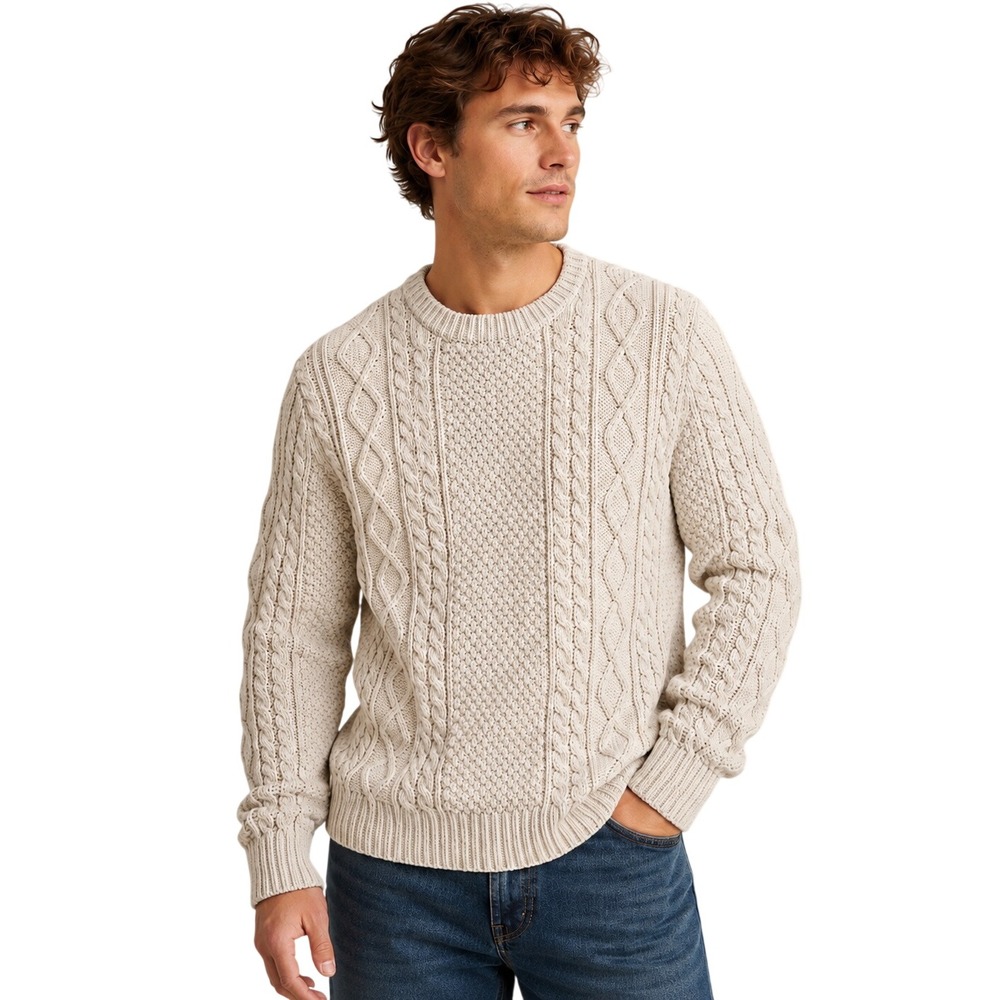 J.Crew Men's Cotton Cable Knit Fisherman Sweater Cream Aran Heritage M